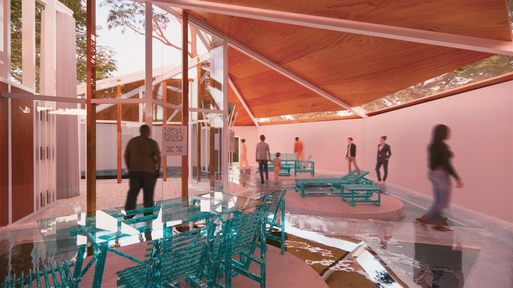 Vista interna della mostra A’MARE con passerella trasparente e riflessi nello spazio