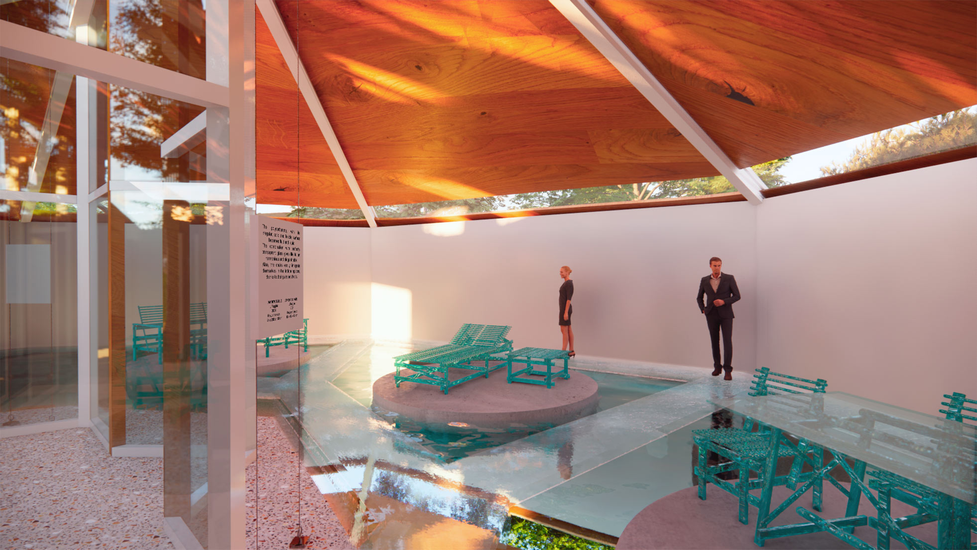 Prospettiva dell'allestimento A’MARE con tonalità calde del soffitto e arredi turchesi