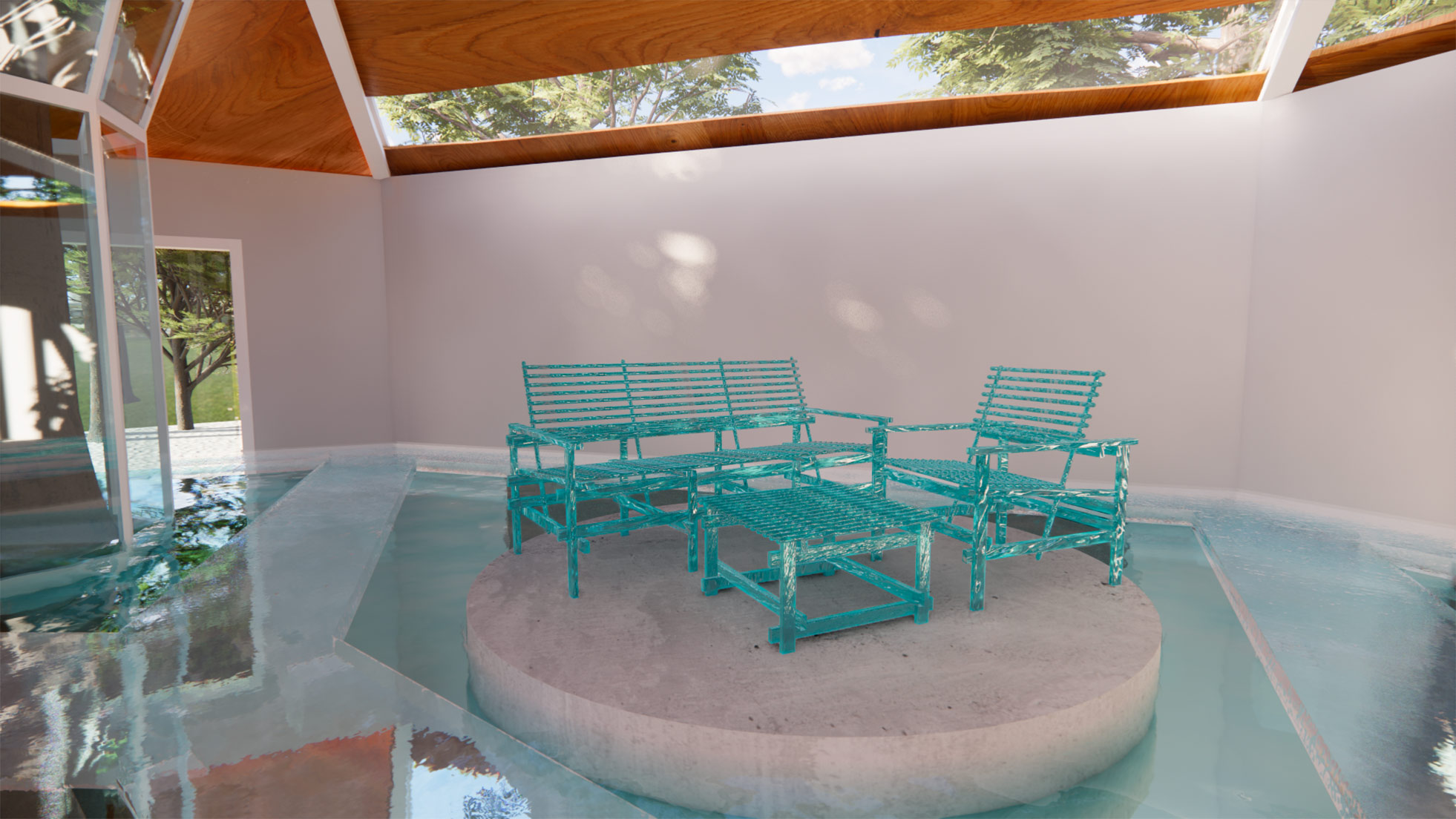 Dettaglio dello spazio espositivo A’MARE con arredi e riflessi sull'acqua