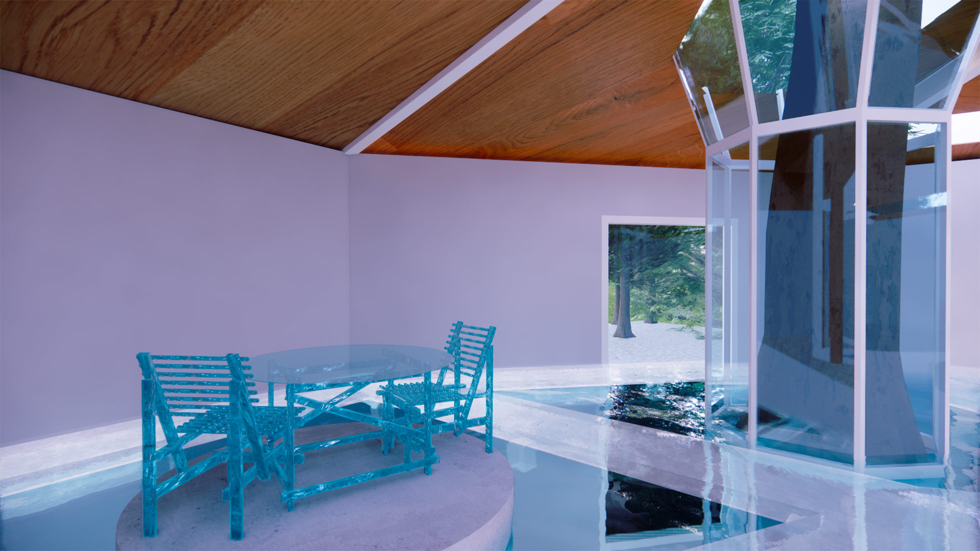 Vista laterale del padiglione con trasparenze e continuità tra acqua, architettura e arredi