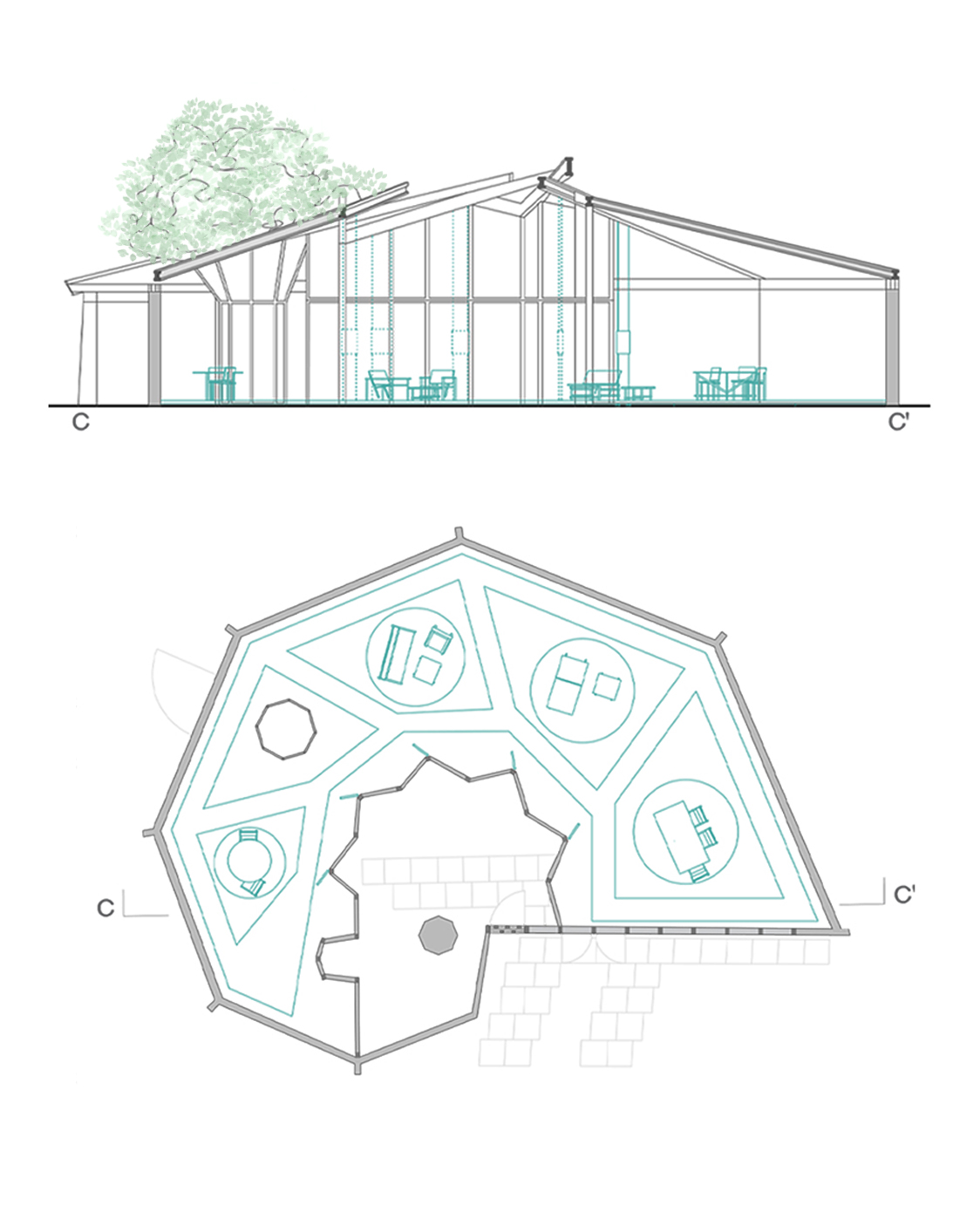 Tavola di studio del progetto A’MARE con disegni e schemi spaziali