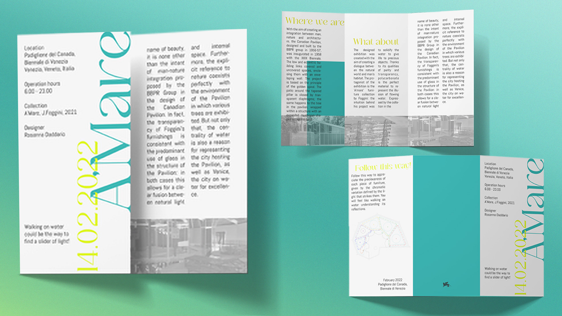 Tavola grafica del progetto A’MARE con layout e materiali di presentazione