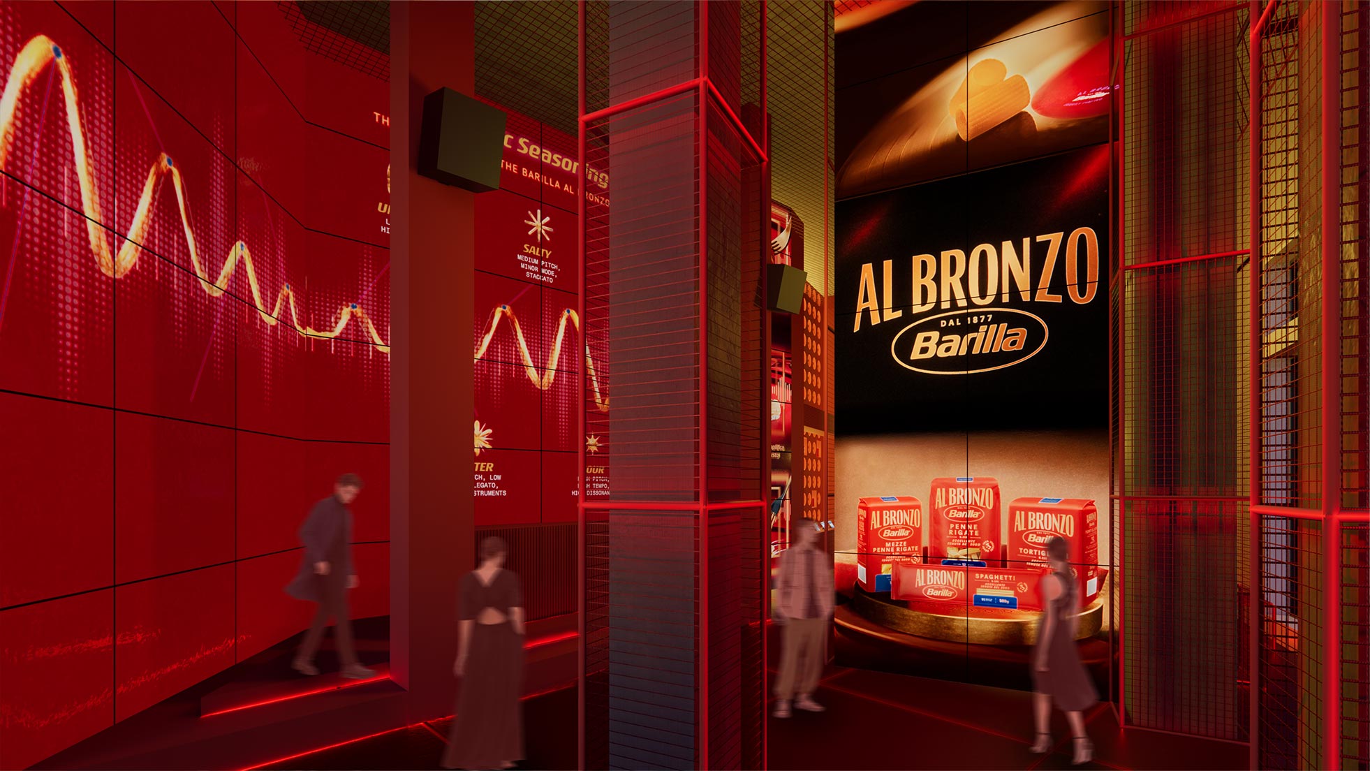 Vista dell'allestimento B.eat Club Barilla con atmosfera club, luci rosse e schermi immersivi