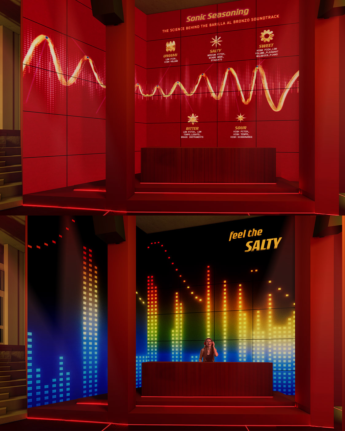 Installazione verticale del progetto con palette rossa intensa e presenza di visual scenografici