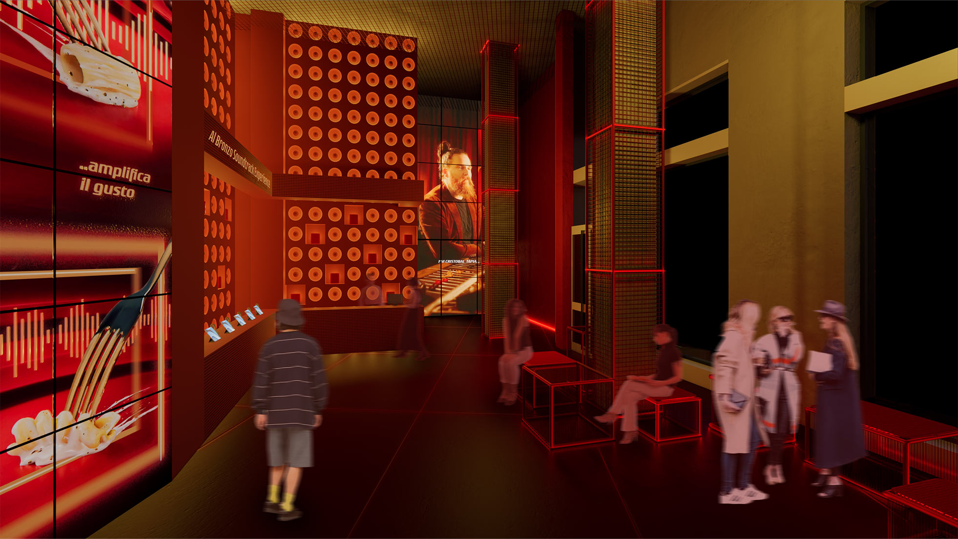 Dettaglio dello spazio retail narrativo con percorso espositivo rosso e atmosfera da club
