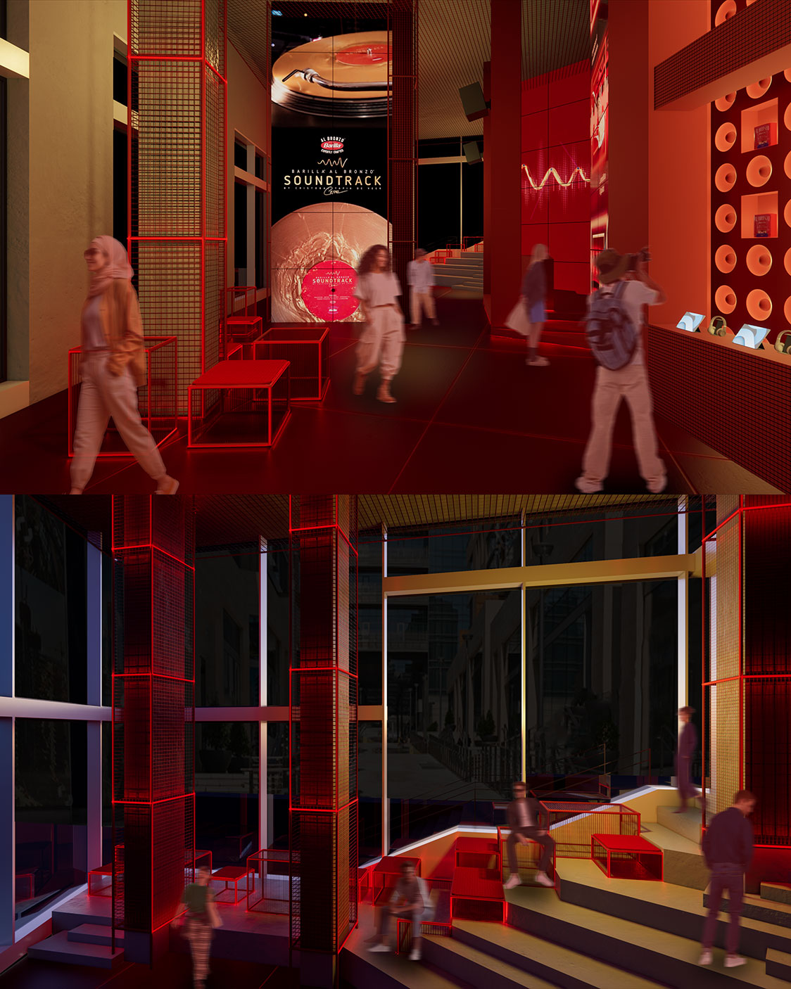 Spazio performativo e retail del progetto con struttura scenica e presenza umana