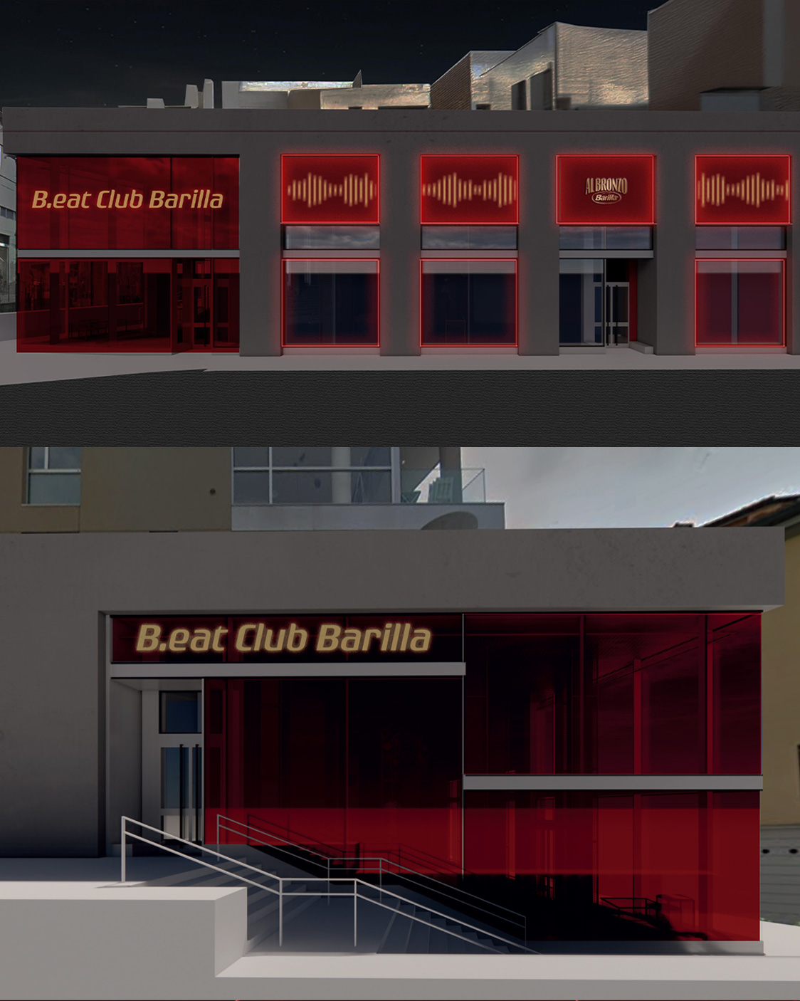 Fronte esterno o ingresso del progetto con allestimento Barilla in rosso