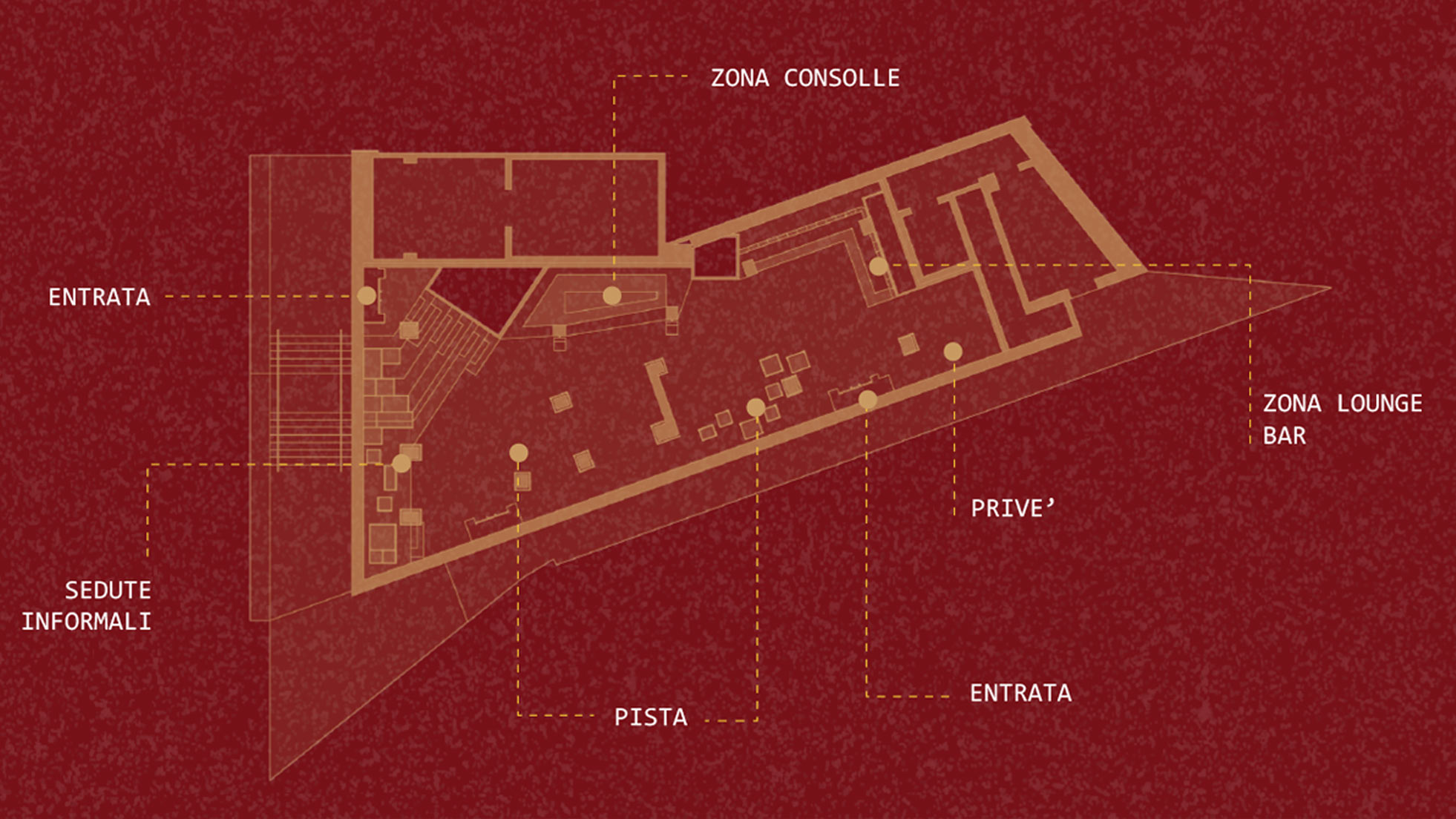 Tavola grafica del progetto B.eat Club Barilla con schema o planimetria in tonalità rosse