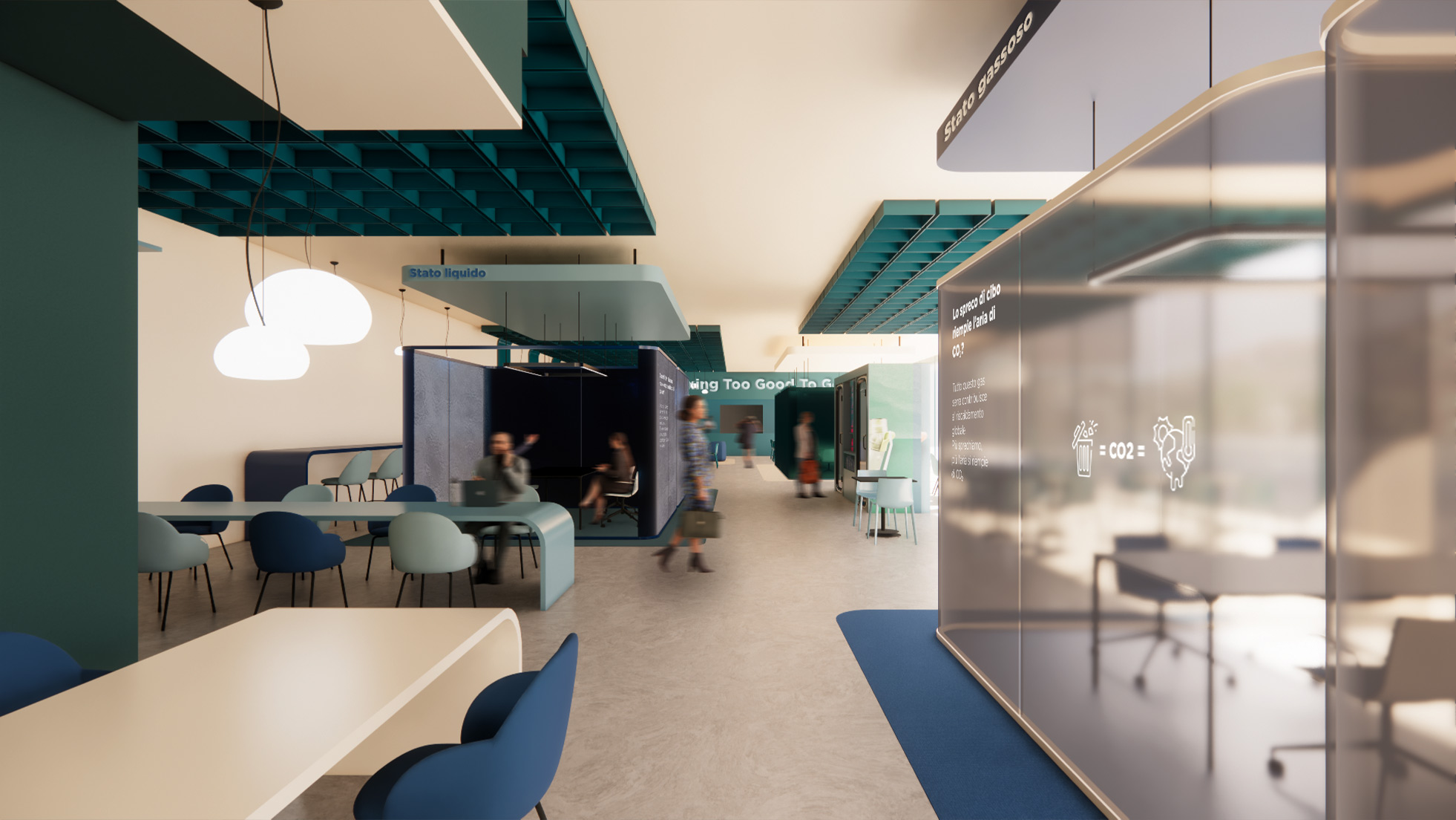 Vista interna di CoBoxing con sedute e organizzazione spaziale del concept ibrido