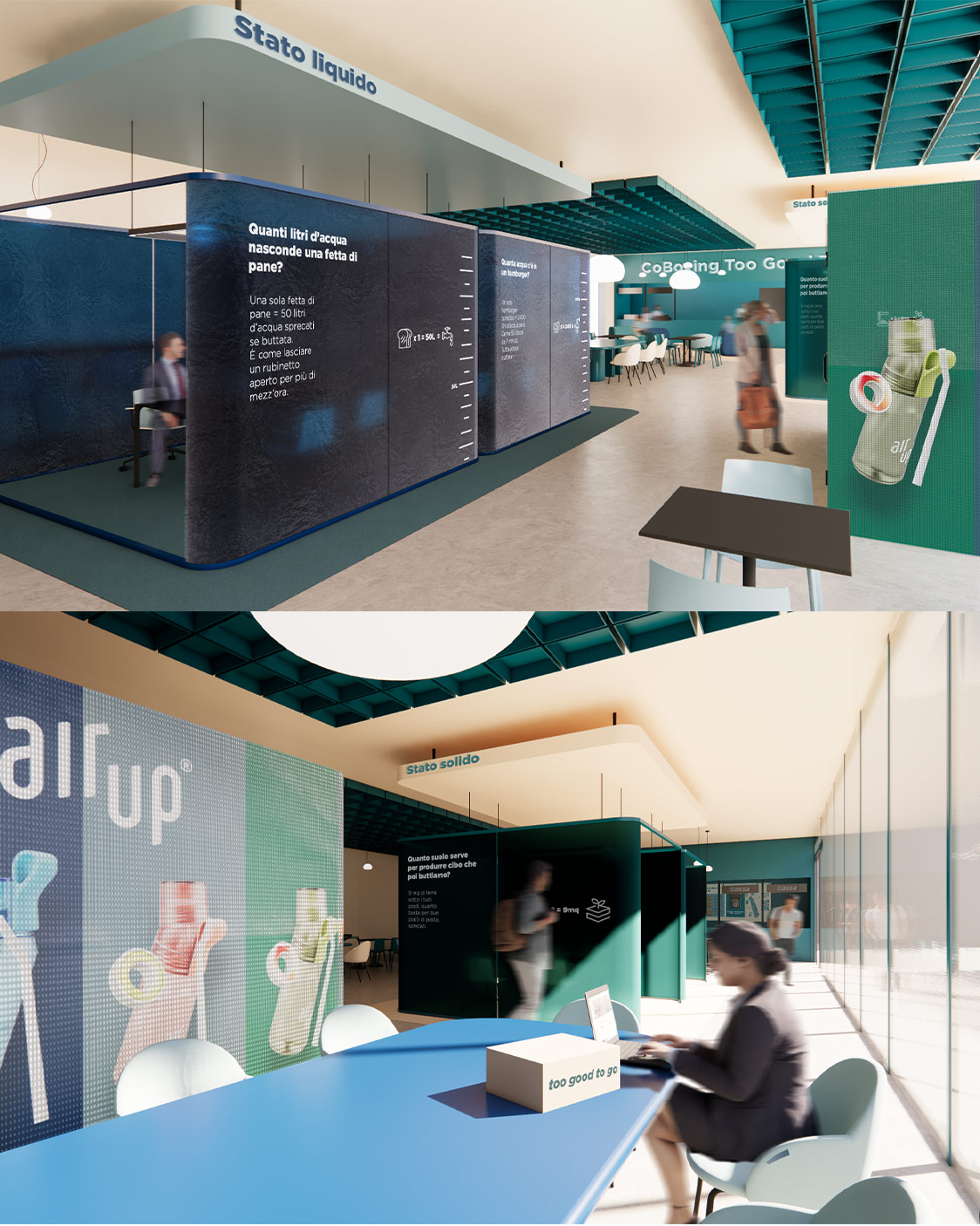 Render del progetto CoBoxing con area retail e percorso esperienziale