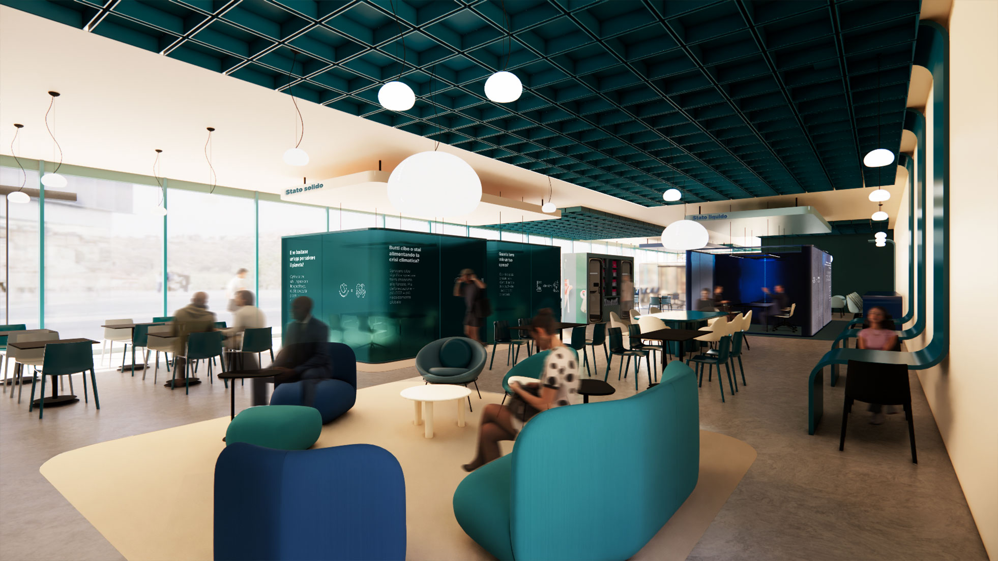 Vista del layout di CoBoxing con tavoli condivisi e zone espositive