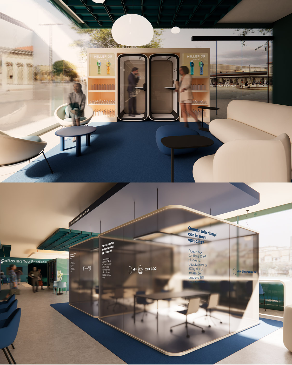 Prospettiva del progetto CoBoxing con atmosfera essenziale e illuminazione calibrata