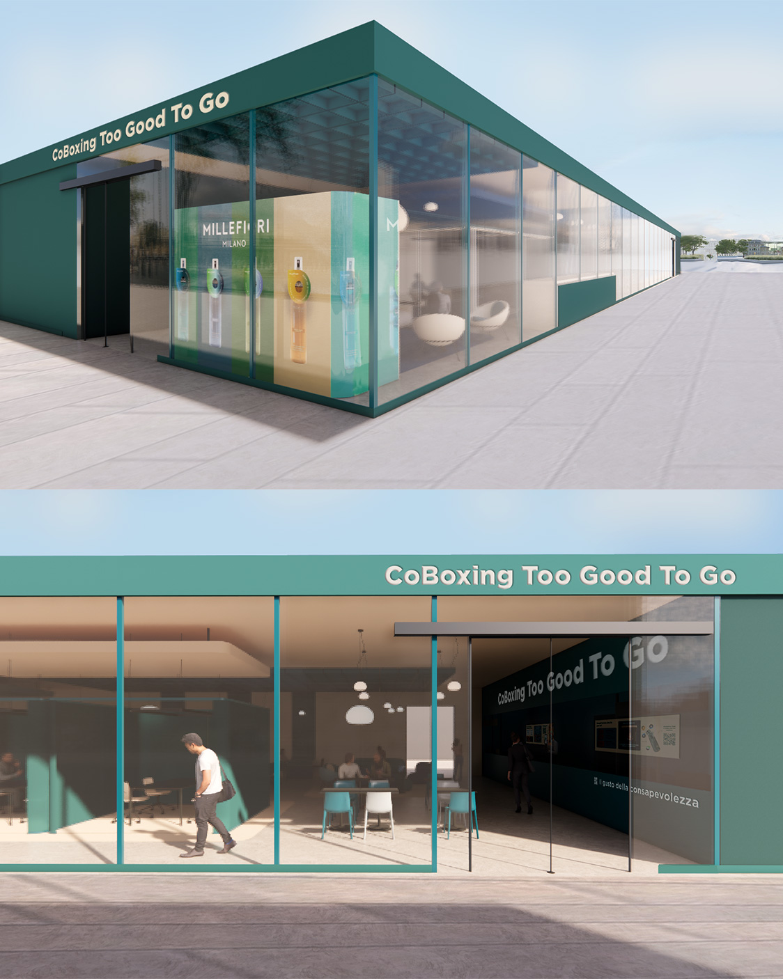 Vista finale del concept CoBoxing inserito nel contesto urbano