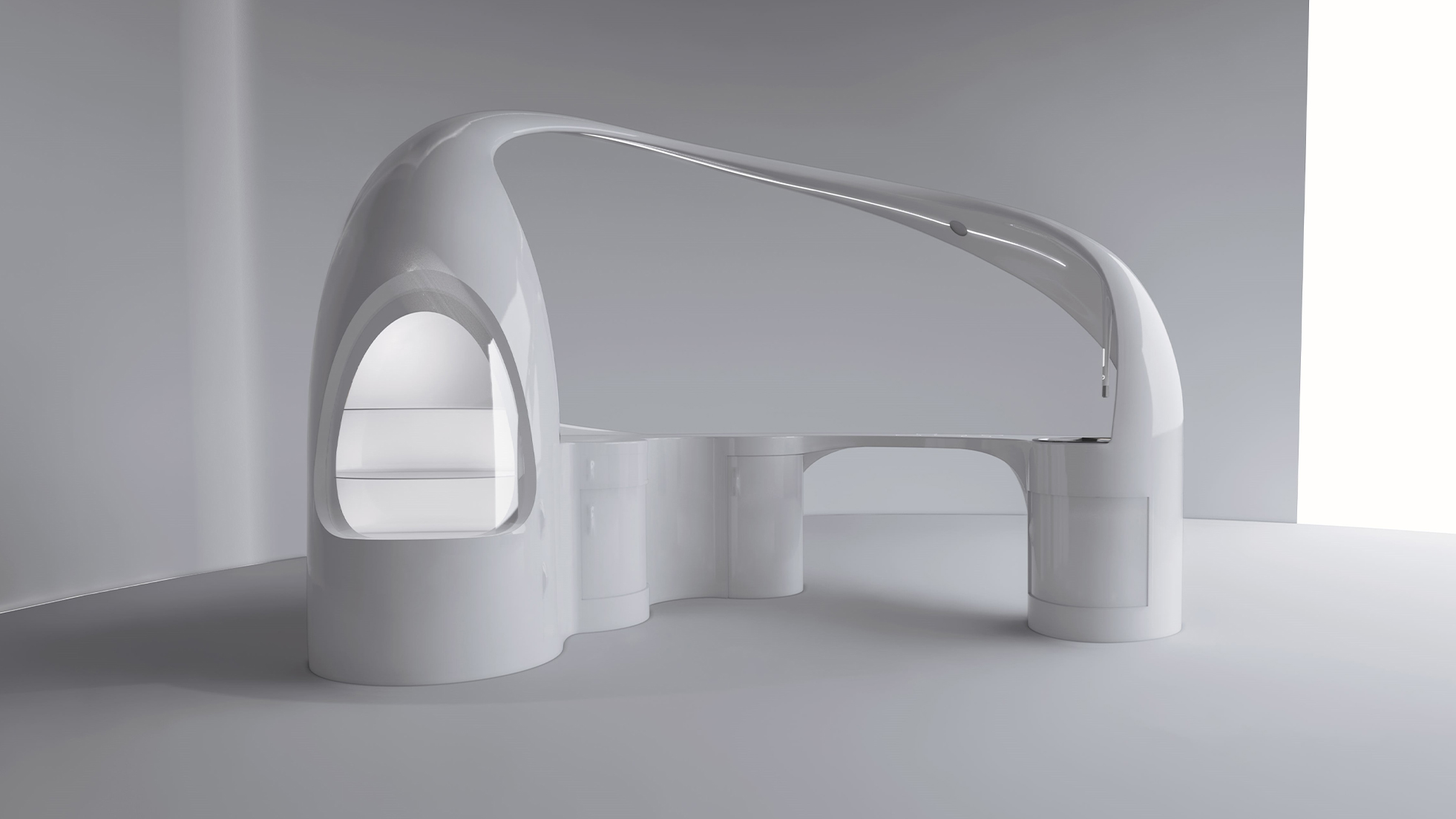 Vista frontale della cucina Flow con isola centrale e forme fluide