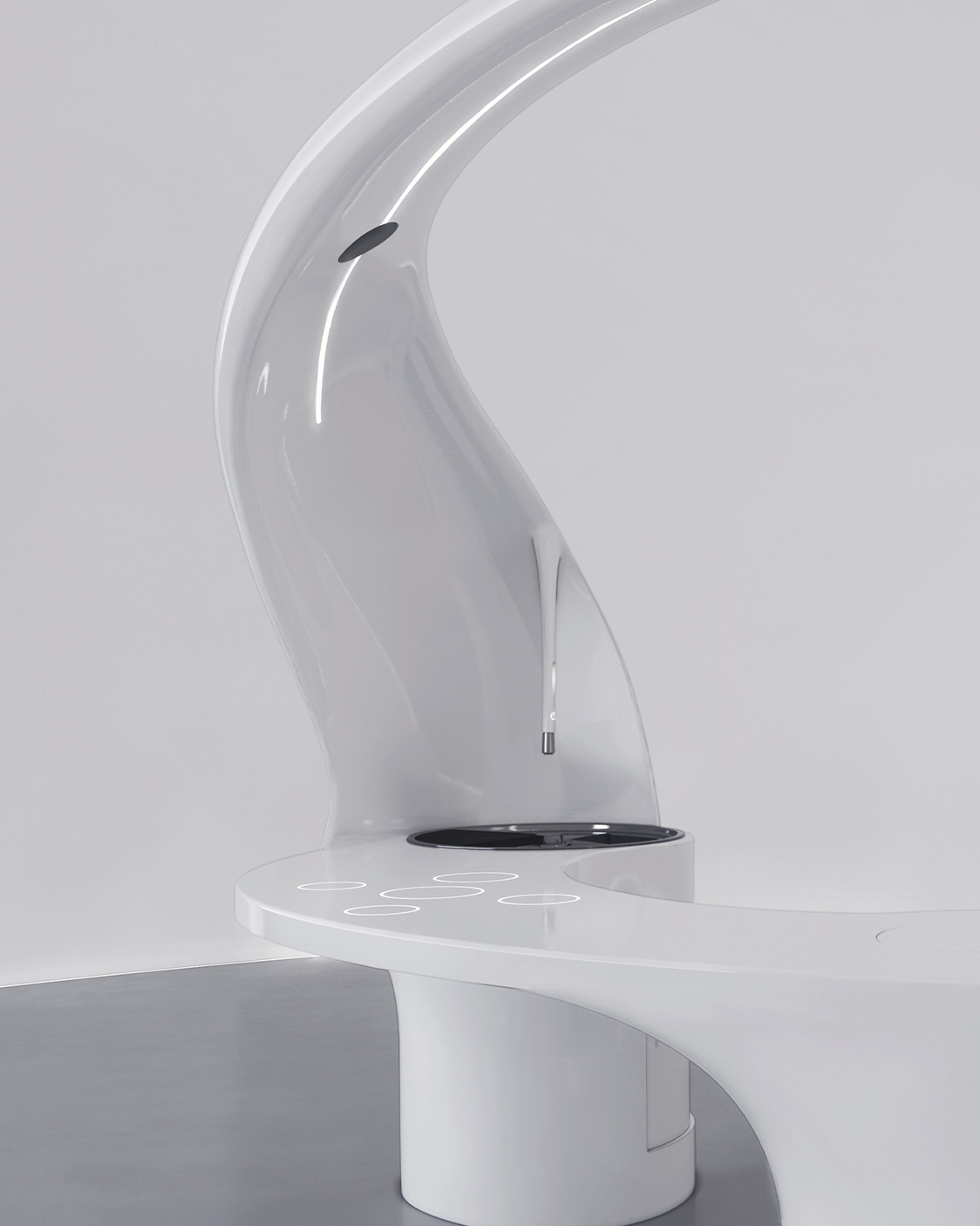 Dettaglio scultoreo di un elemento verticale della cucina Flow