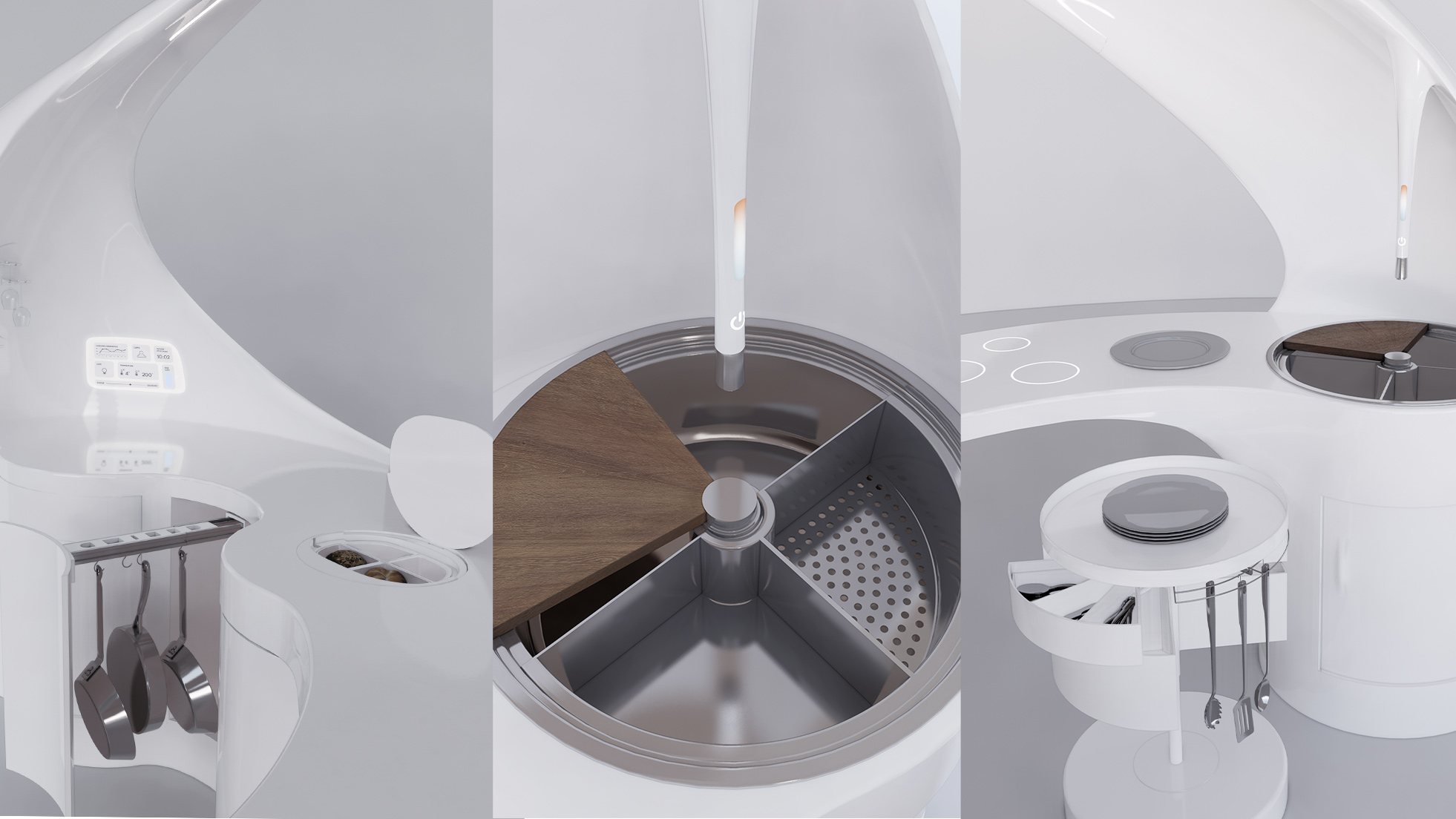 Render del sistema trasformabile Flow con componenti accessibili e rotazione funzionale