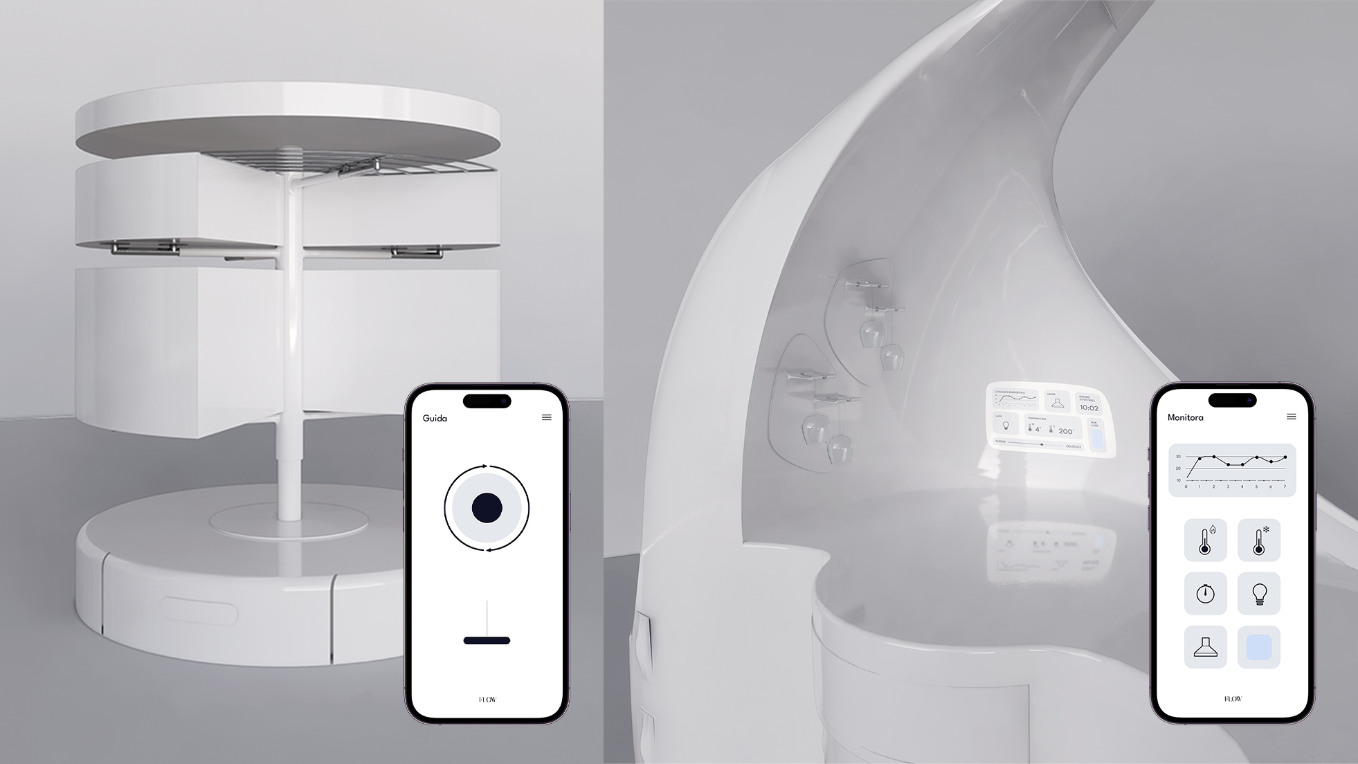 Visuale del sistema cucina con dispositivi connessi e superfici adattive