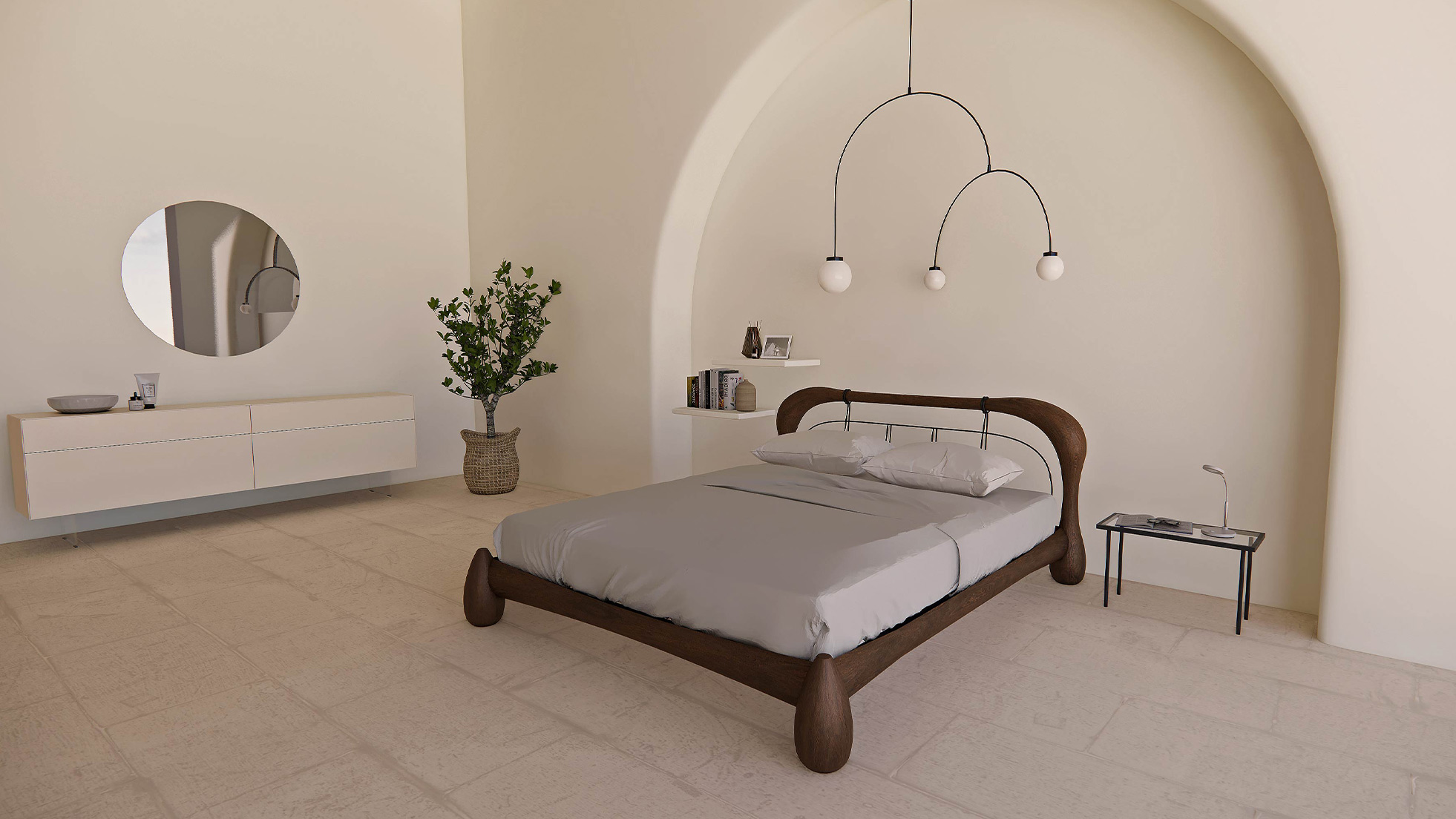 Render del progetto Radicale con letto inserito in un interno luminoso