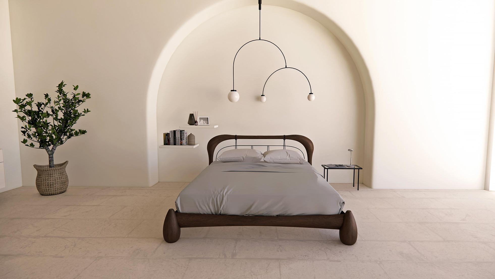 Seconda vista ambientata del letto Radicale con dettagli materici in evidenza