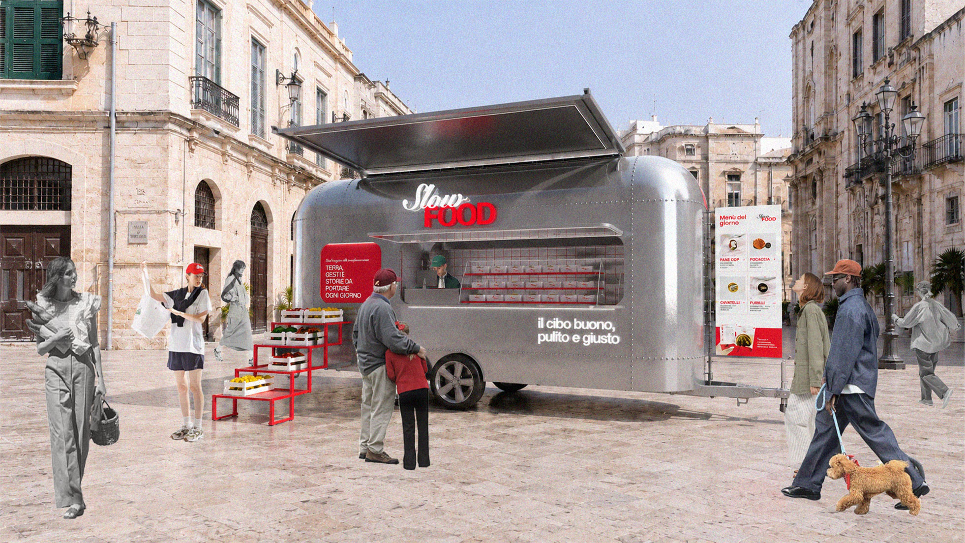Vista del sistema di mercato mobile Slow Food con food trailer e allestimento itinerante