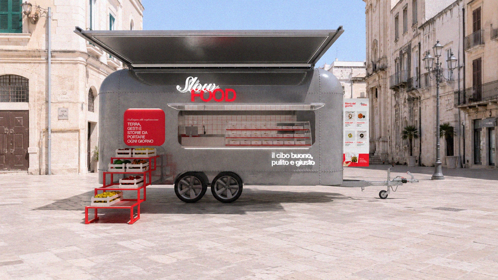 Vista del sistema itinerante Slow Food con food trailer e contesto urbano