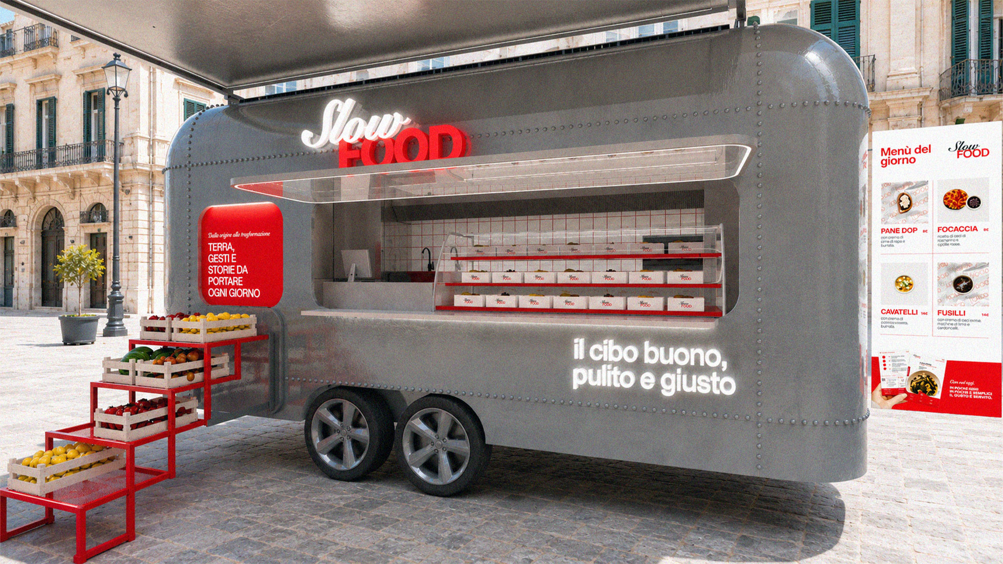 Dettaglio del food trailer Slow Food come mercato, cucina e dispositivo narrativo