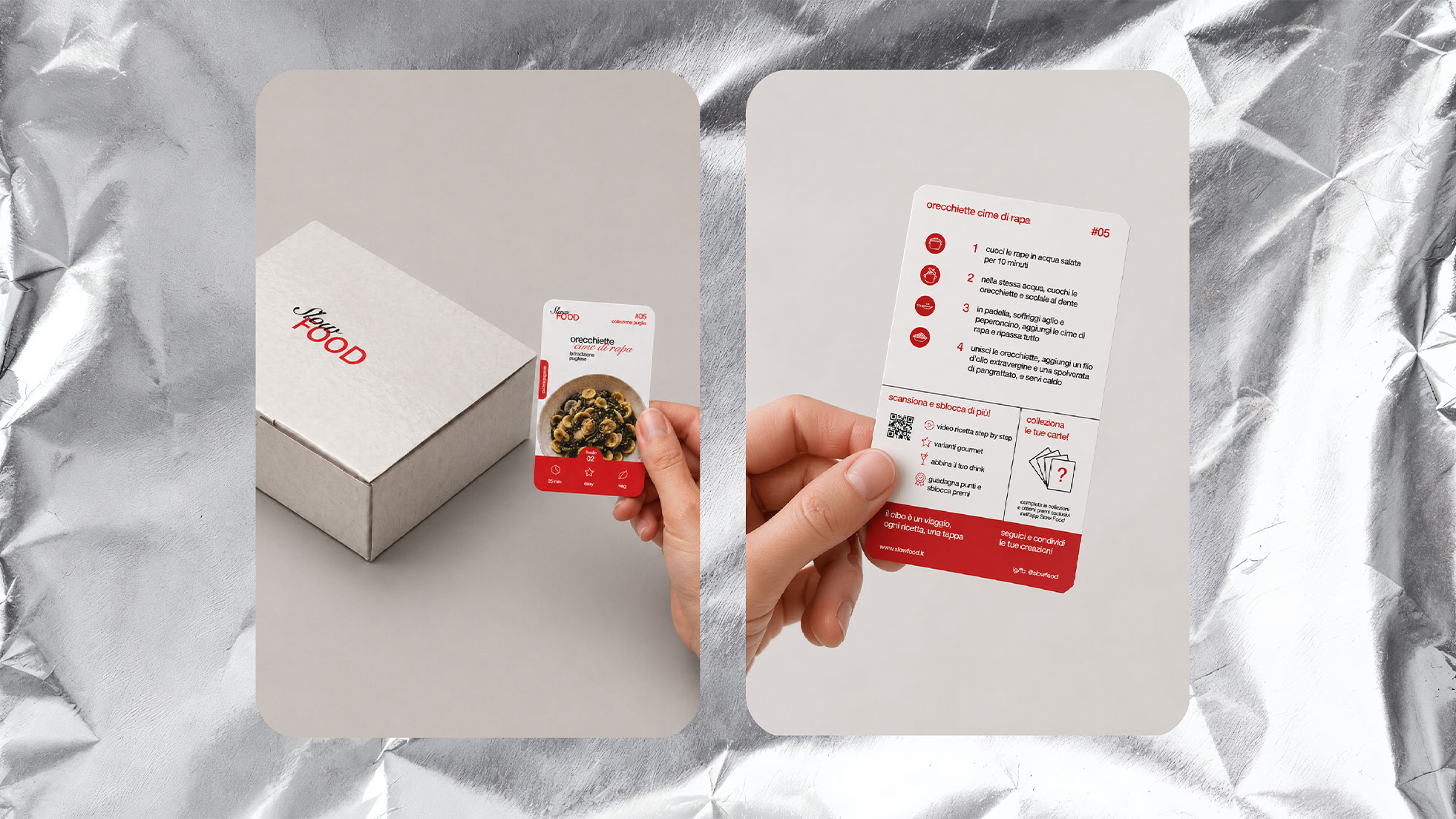 Materiali e touchpoint del progetto Slow Food con recipe card e packaging