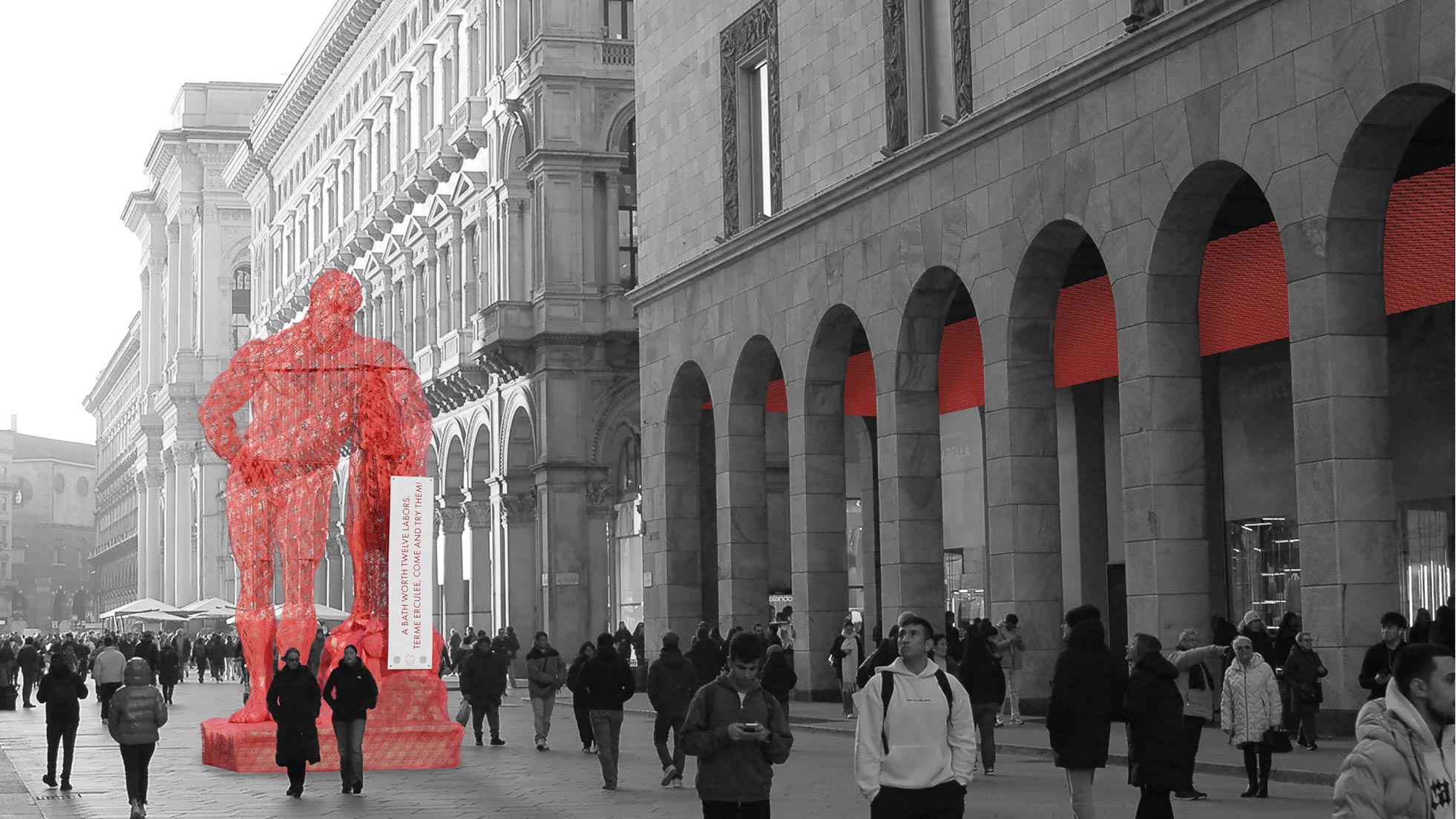 Installazione di Subemersa nello spazio urbano con statua e strutture rosse