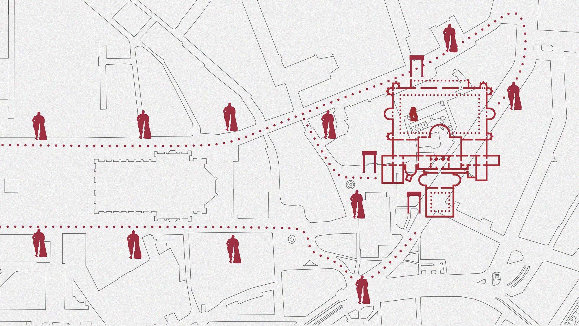 Tavola di studio del progetto Subemersa con elementi installativi in rosso