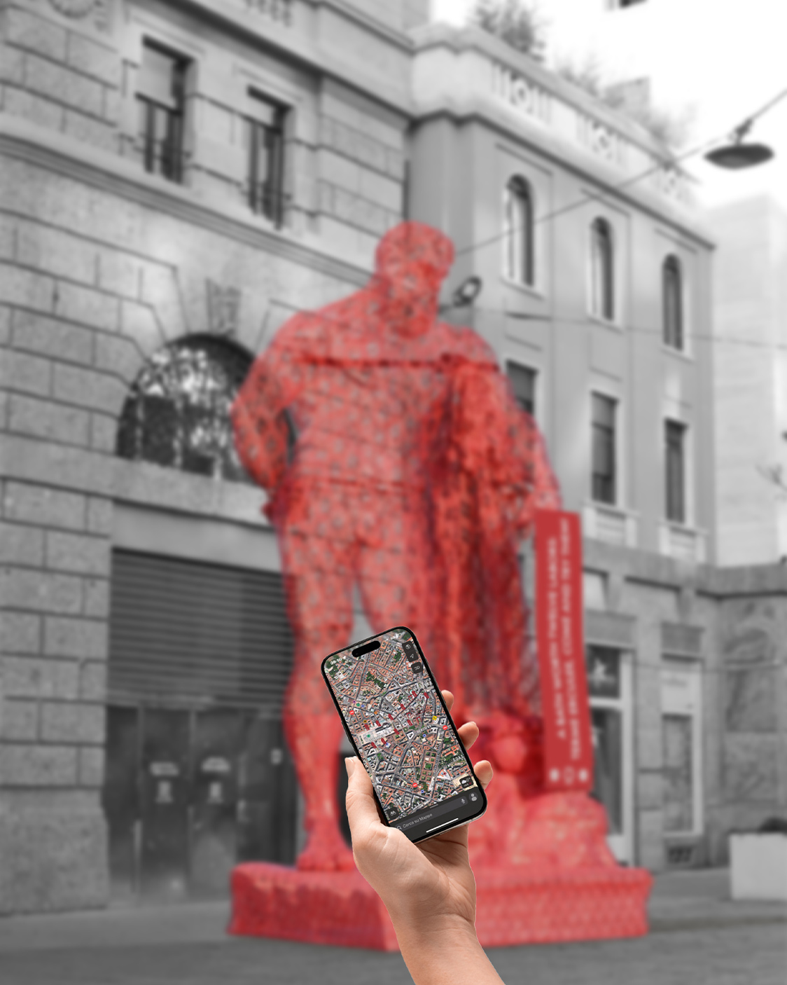 Render urbano del progetto Subemersa con figura e installazioni rosse