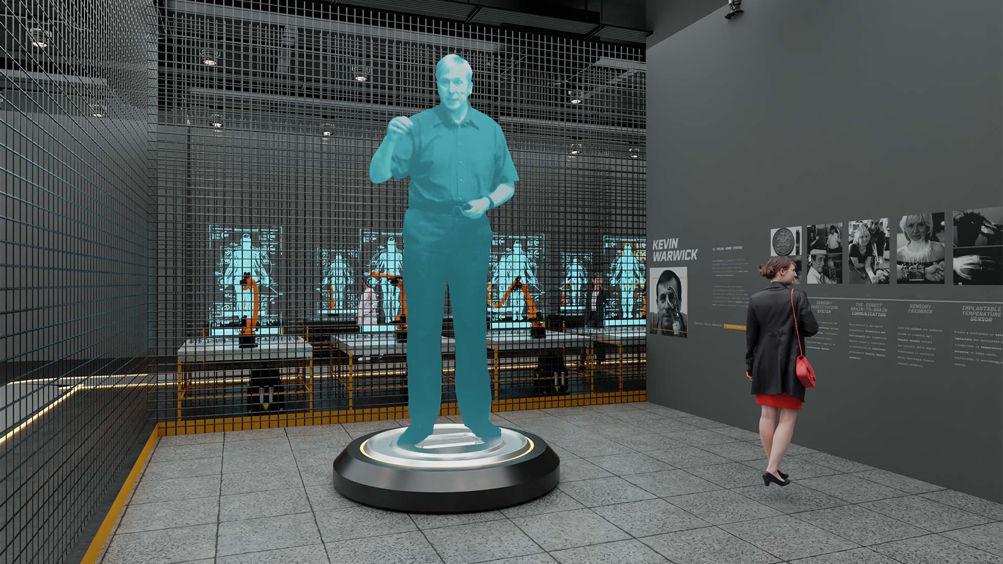 Ambiente immersivo del progetto Transhuman con toni scuri e accenti luminosi