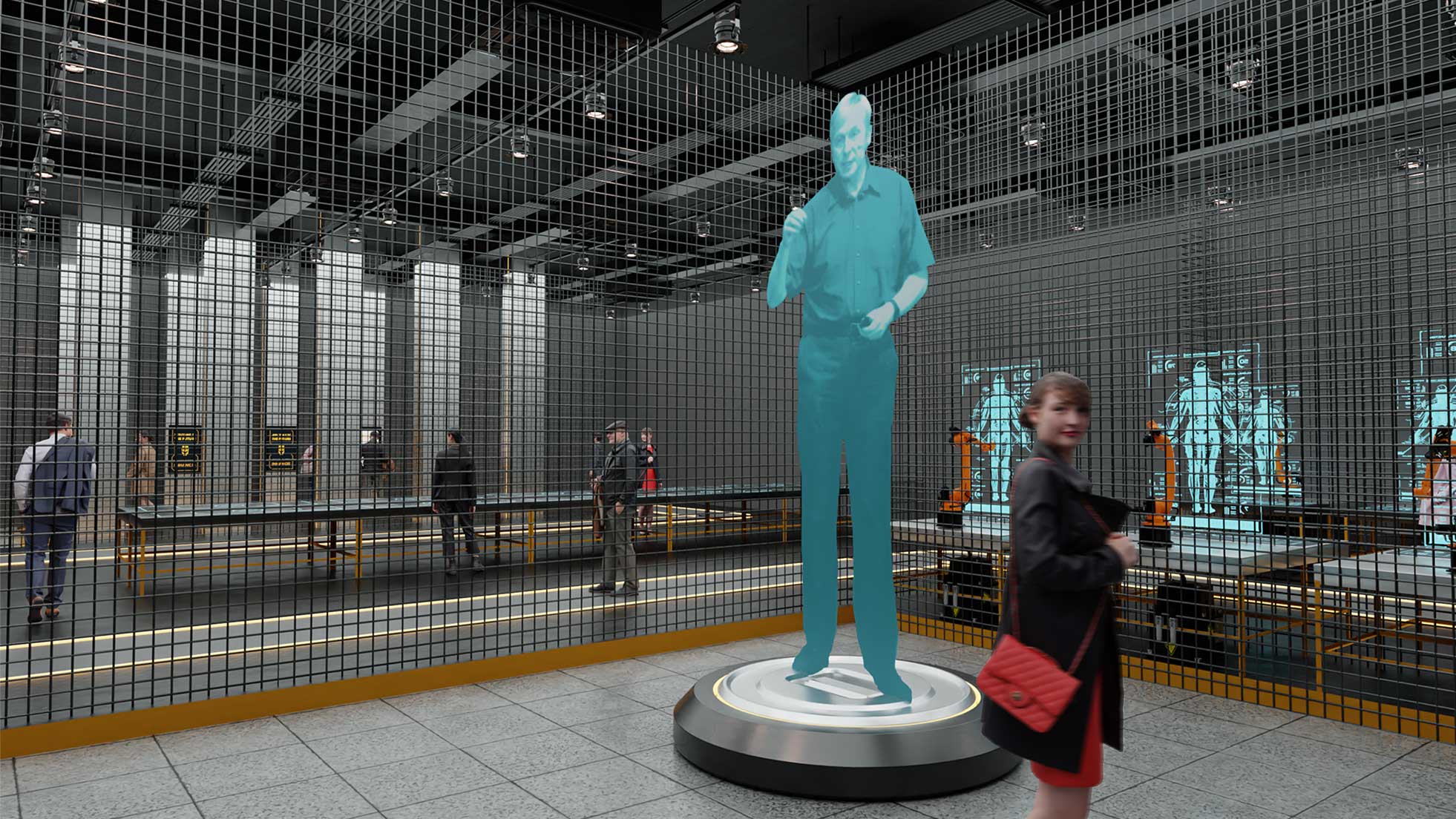 Vista della mostra con figura antropomorfa illuminata al centro dello spazio