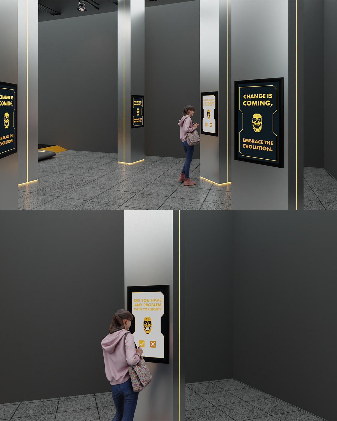 Dettaglio di un ambiente espositivo del progetto Transhuman con installazioni e interfacce