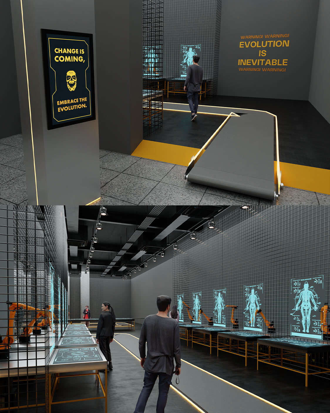 Spazio della mostra con elementi industriali e percorso immersivo