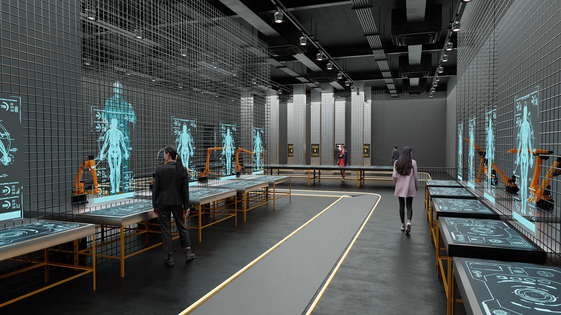 Ambiente espositivo con illuminazione fredda e presenza di installazioni digitali