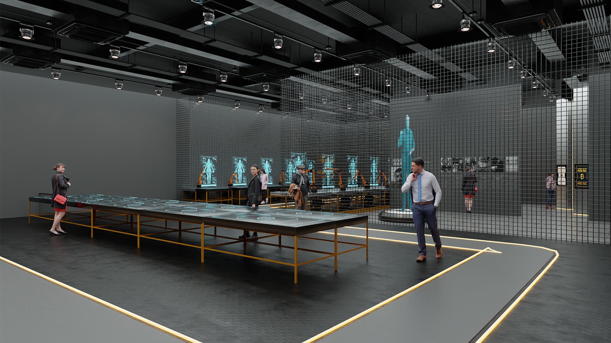 Vista laterale del percorso della mostra Transhuman con atmosfera tecnologica