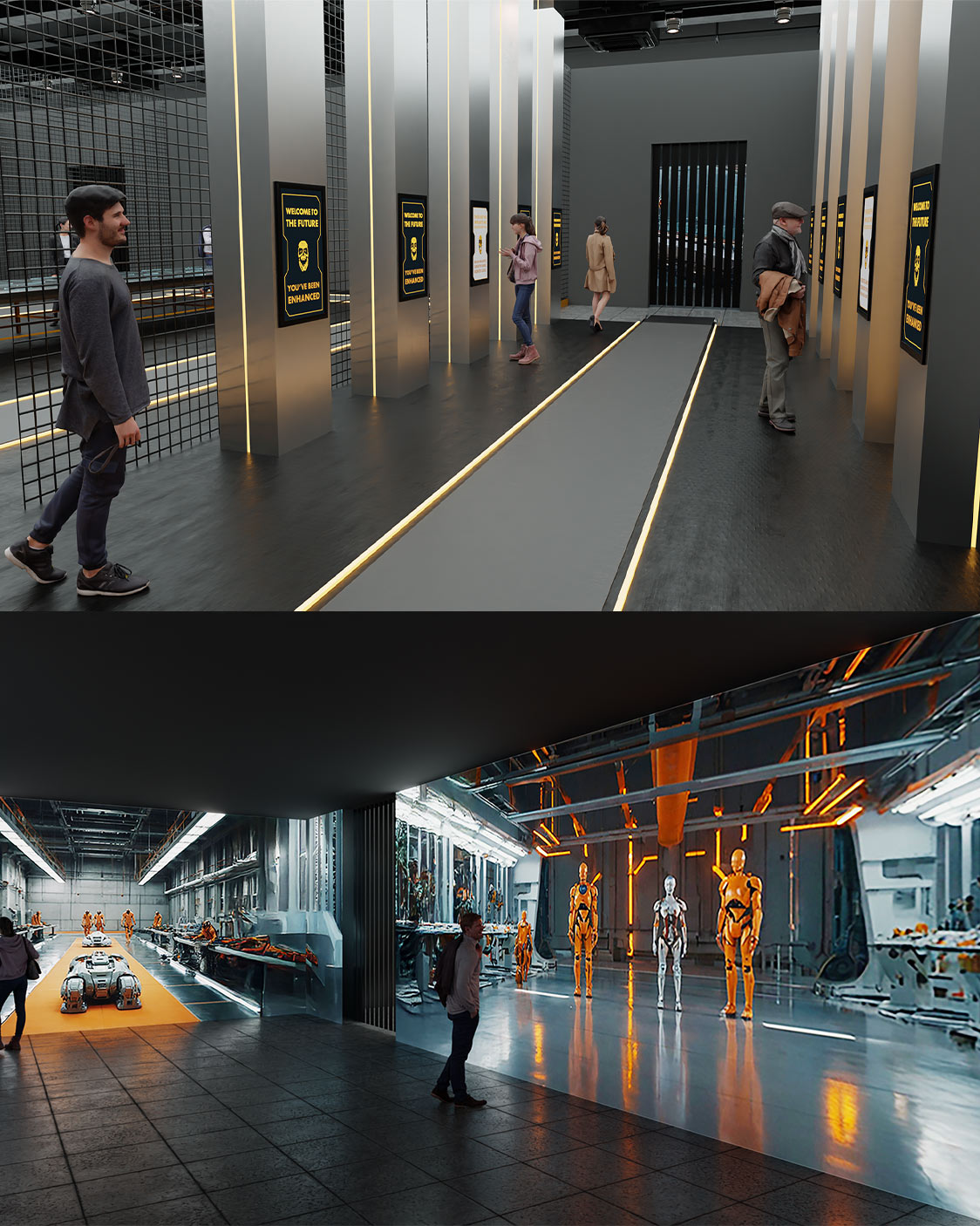 Scena della mostra con presenza umana e dispositivi integrati nello spazio